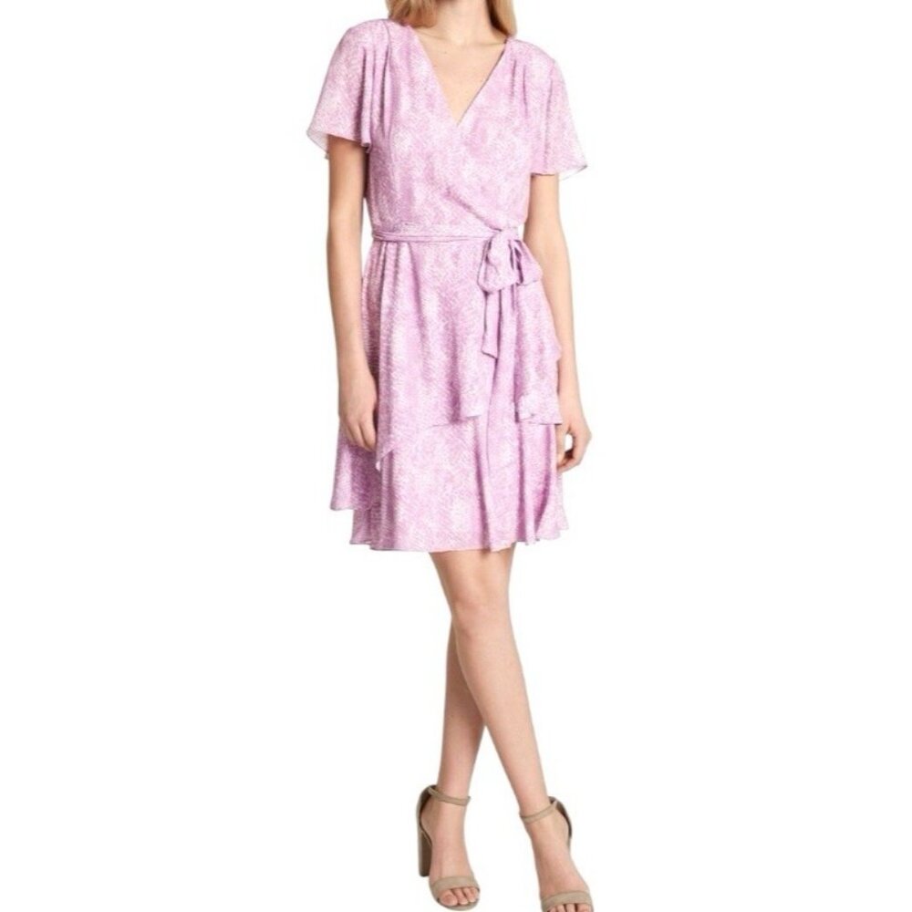 Tahari Pink Snakeskin Print Flutter Sleeved Chiffon Faux Wrap Dress Size 6